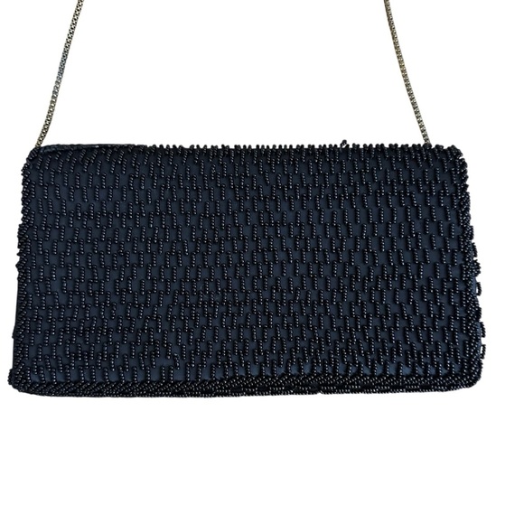 Vintage 1950s Black Beaded Evening Bag Gold Chain Strap, Art Deco Clutch Purse - Picture 5 of 14